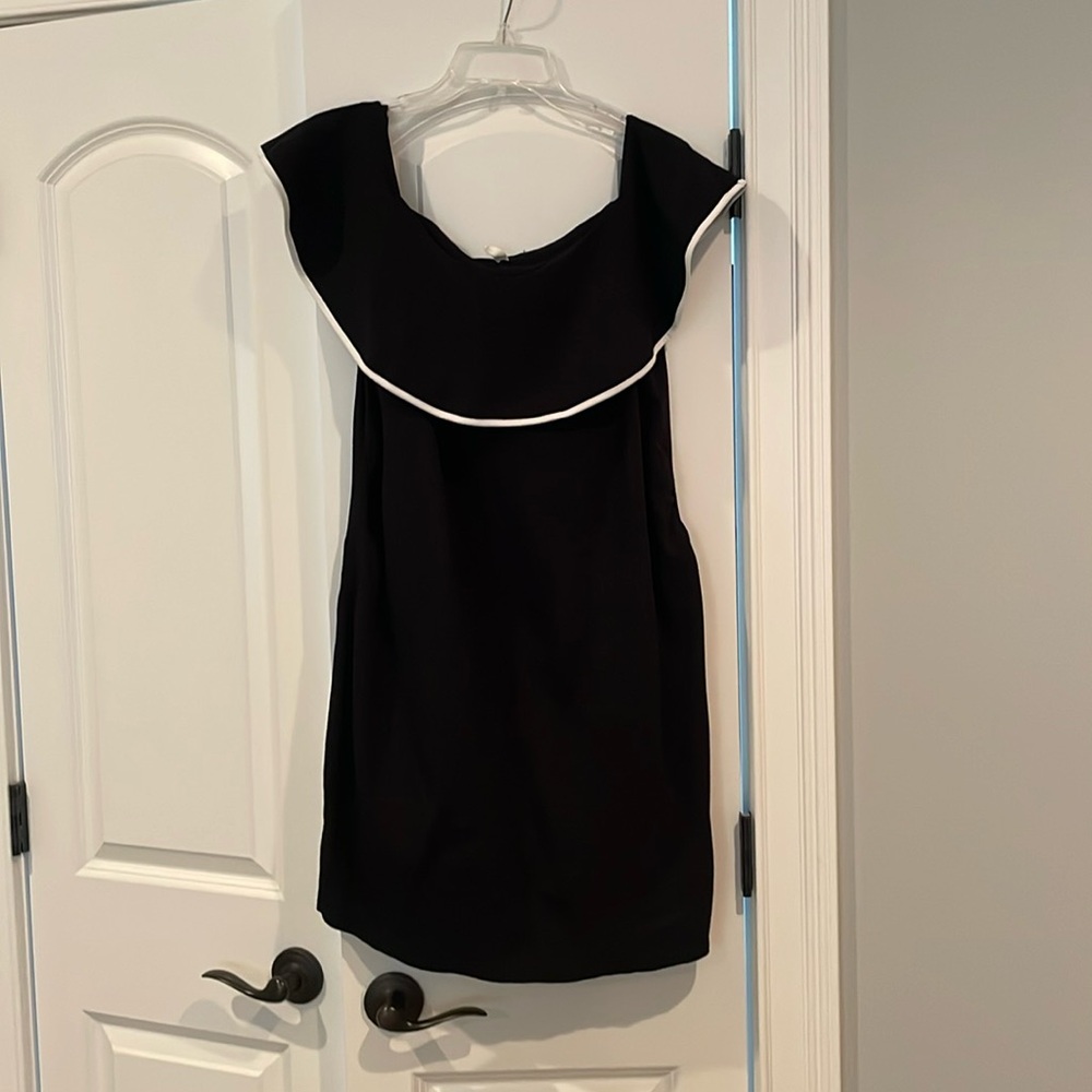 Pink Blush Black off the shoulder dress with white trim. Maternity!